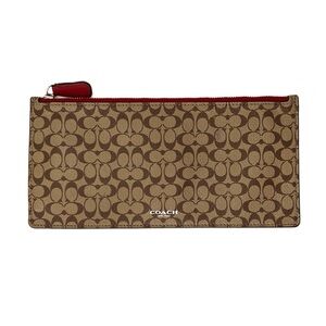 Coach Envelope Wallet Signature Canvas Logo Clutch Brown Tan Red Flat Pouch EUC